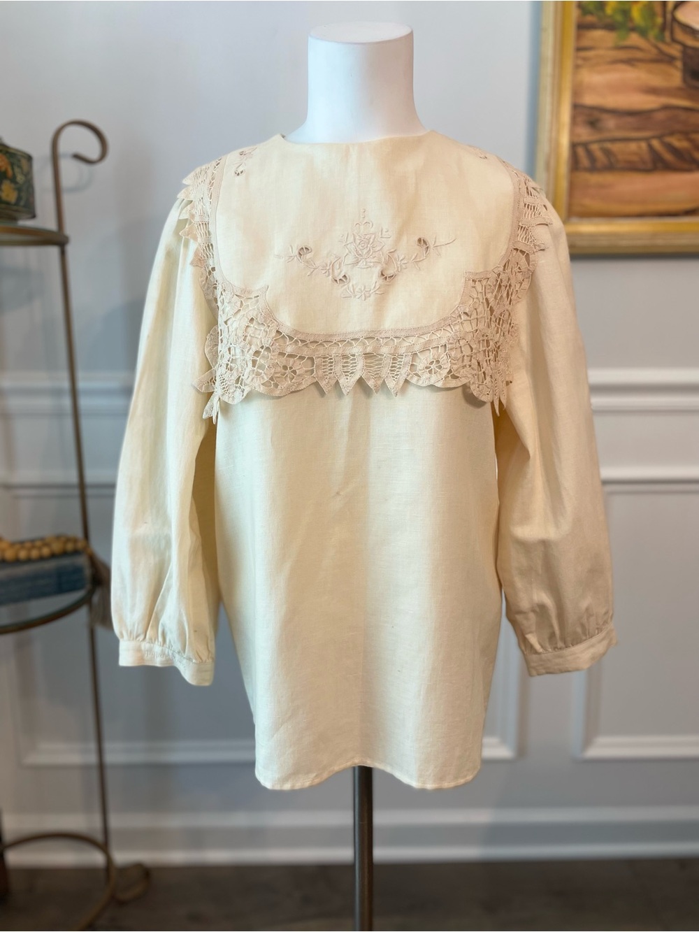 Vintage Cream Embroidered Lace Bib Blouse